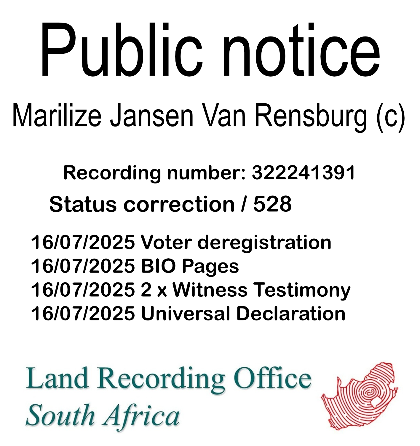 Public notice Marilize Jansen Van Rensburg (c) Recording number 322241391